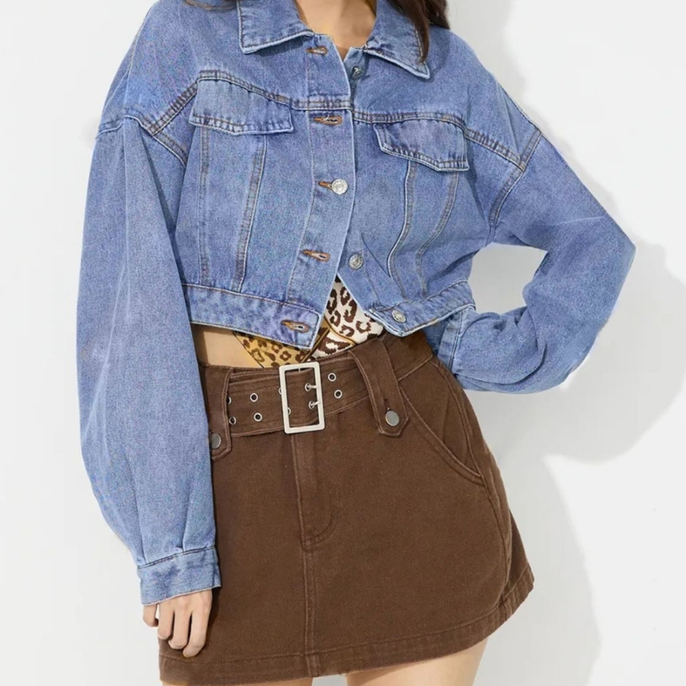 Classic Cropped 90s Retro Button Front Denim Collar Long Sleeve Blue Jean Jacket
